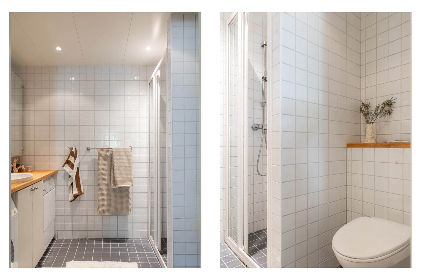 Badet har stor trebenk med vask, vegghengt speilskap, dusjhjørne rett på flis med skyvedør og vegghengt toalett Galleribilde