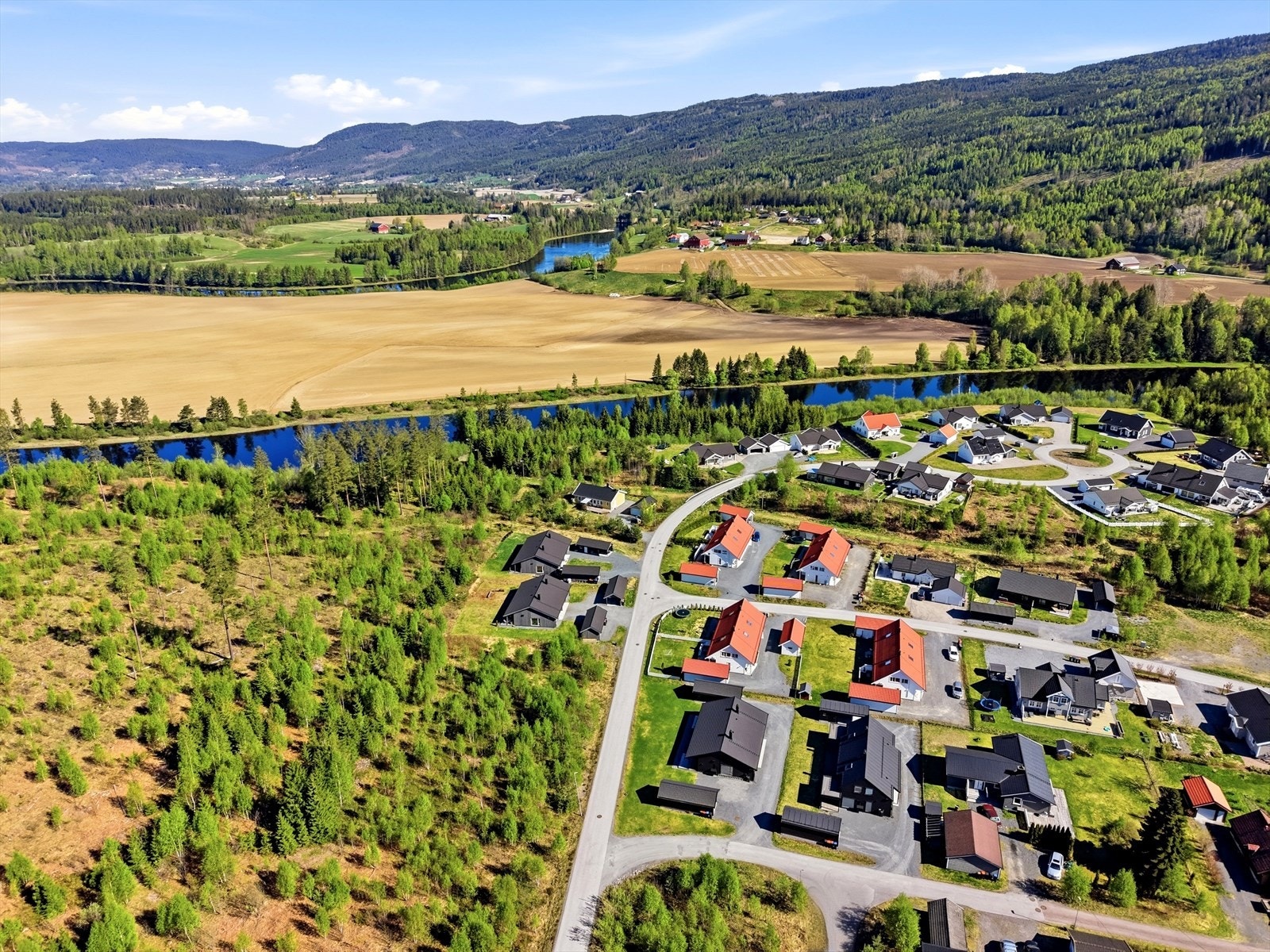 Oversikt over nærområdet med spredt boligbebyggelse og mye natur. Galleribilde