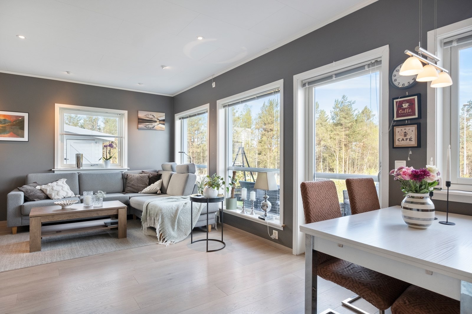 Store vindusflater slipper inn rikelig med dagslys i stuen, som har en peisovn for varme og hygge. Galleribilde