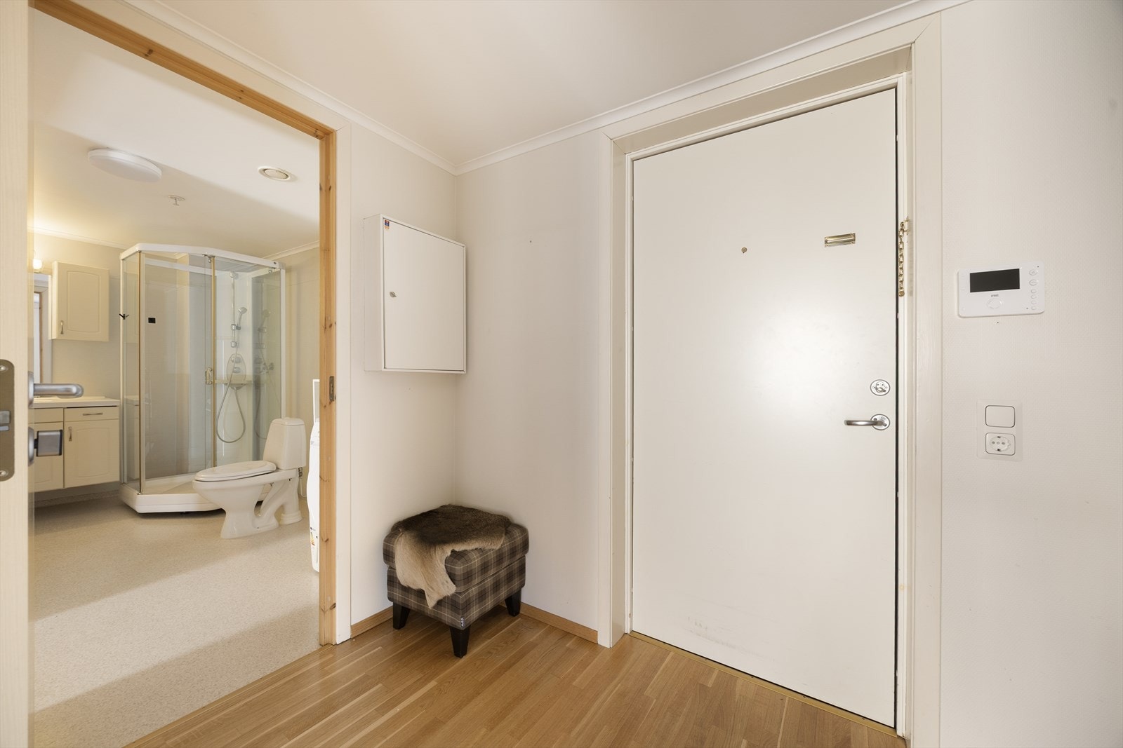Fra entreen er det direkte tilgang til badet. Leiligheten disponerer en bod rett over gangen for ekstra lagring. Galleribilde