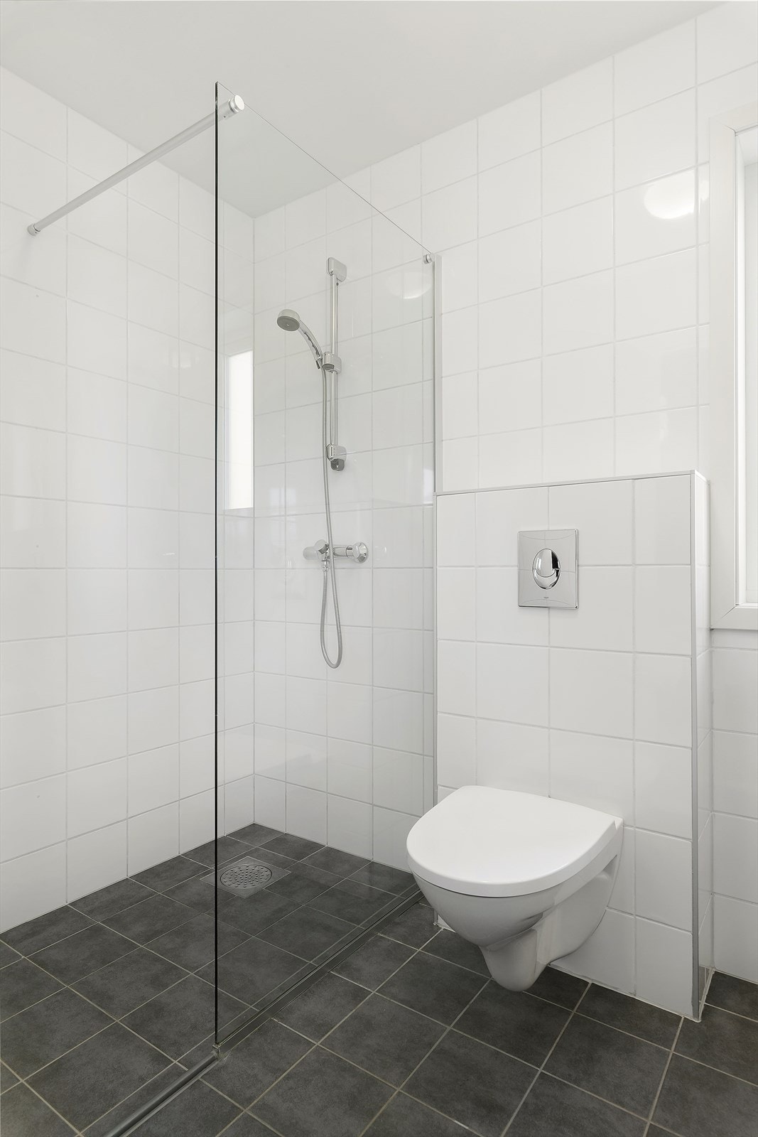 Badet er også utstyrt med dusjnisje med glassvegg og veggfestet toalett. Galleribilde