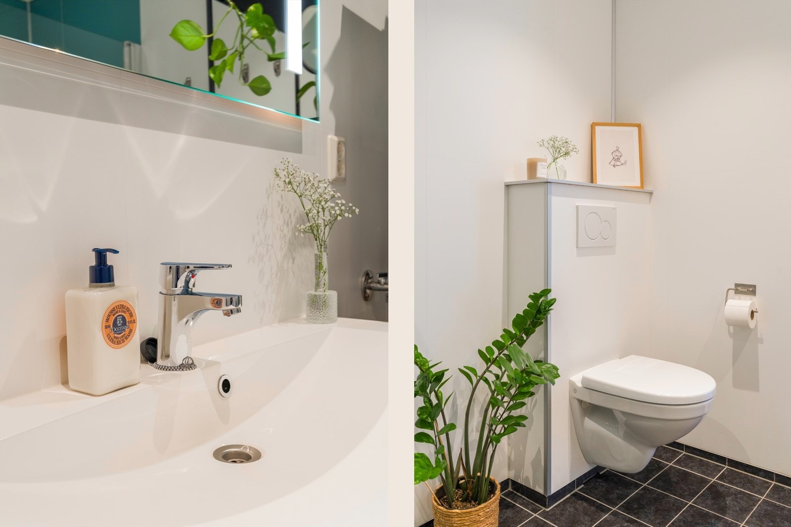 Badet er utstyrt med servant med underskap, vegghengt toalett, dusjvegger og opplegg for vaskemaskin Galleribilde
