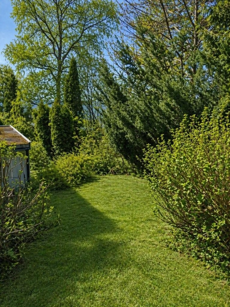 Liten hageflekk på siden av huset med plass til eksempelvis trampoline. NB! Dette bildet er modifisert ved bruk av AI, avvik vil forekomme. Galleribilde