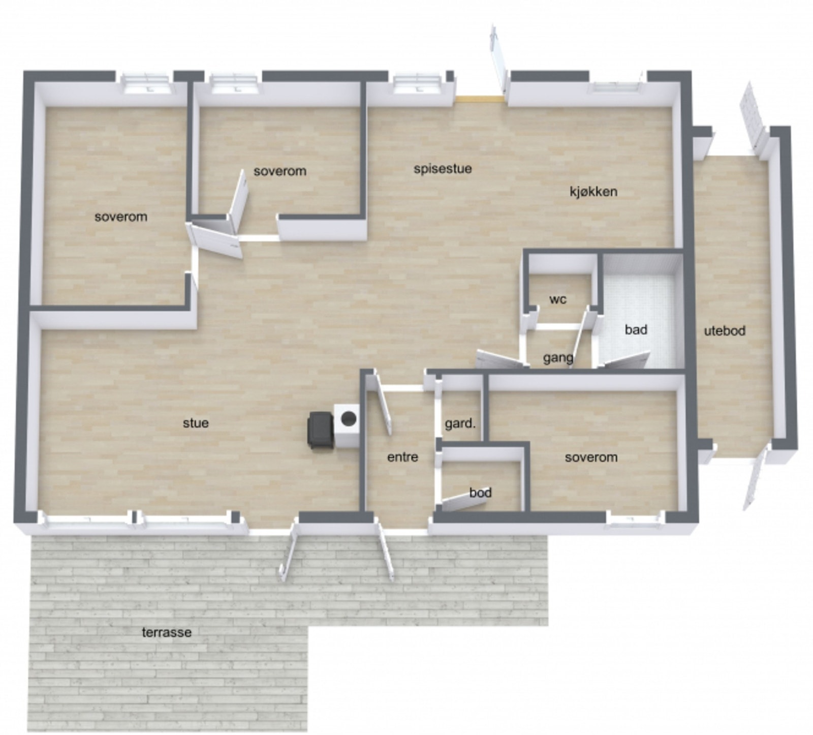 Boligen inneholder: Vindfang, bod, stue, kjøkken, toalettrom, bad og 3 soverom. Galleribilde