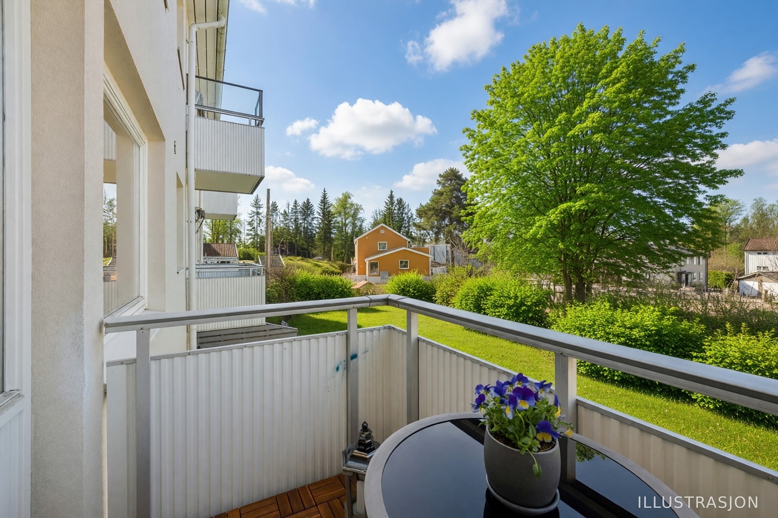 Boligen ligger i grønne omgivelser på Løkeberg, et populært og rolig område på Haslum. (AI-redigert bilde brukt for illustrasjonsformå). Galleribilde