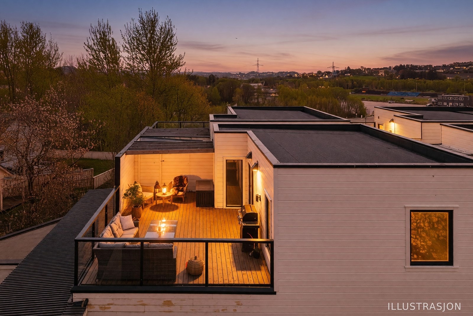 Illustrasjon: Kveldsbilder generert av AI. (Det er ingen "lampe" over terrassedøren). Galleribilde