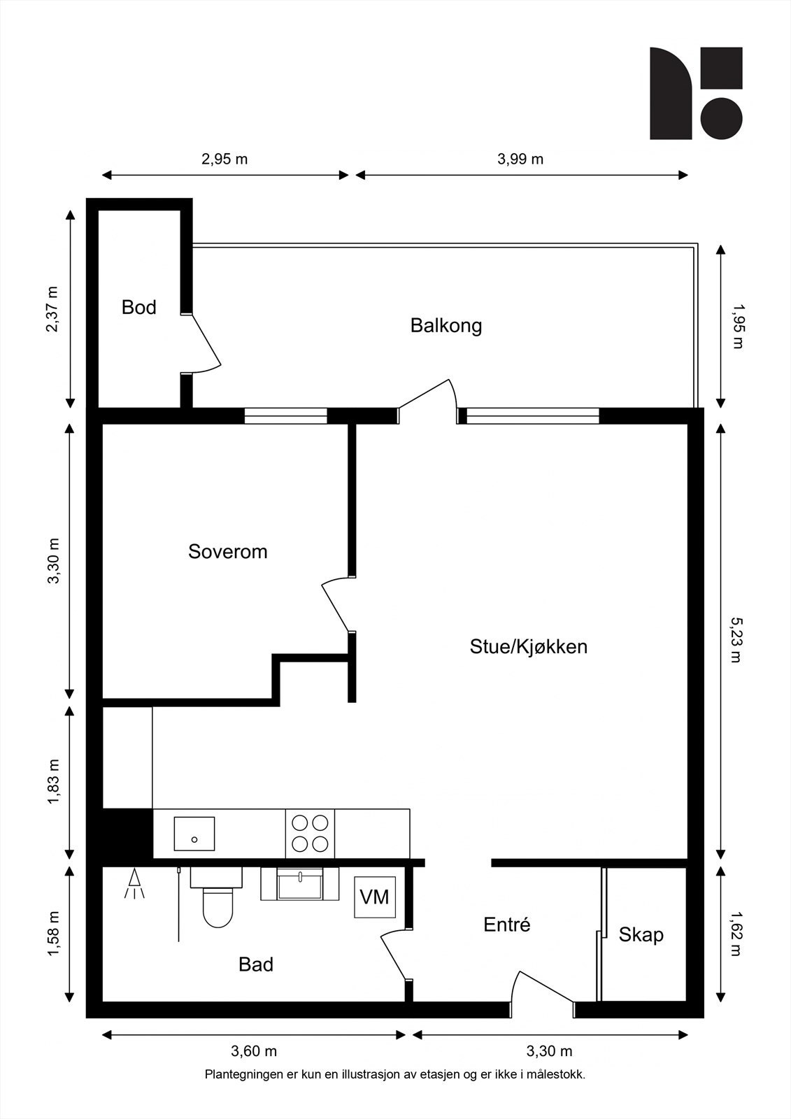 Planløsningen er arealeffektiv med en åpen stue- og kjøkkenløsning, ett soverom og adkomst til bad fra entréen. Galleribilde