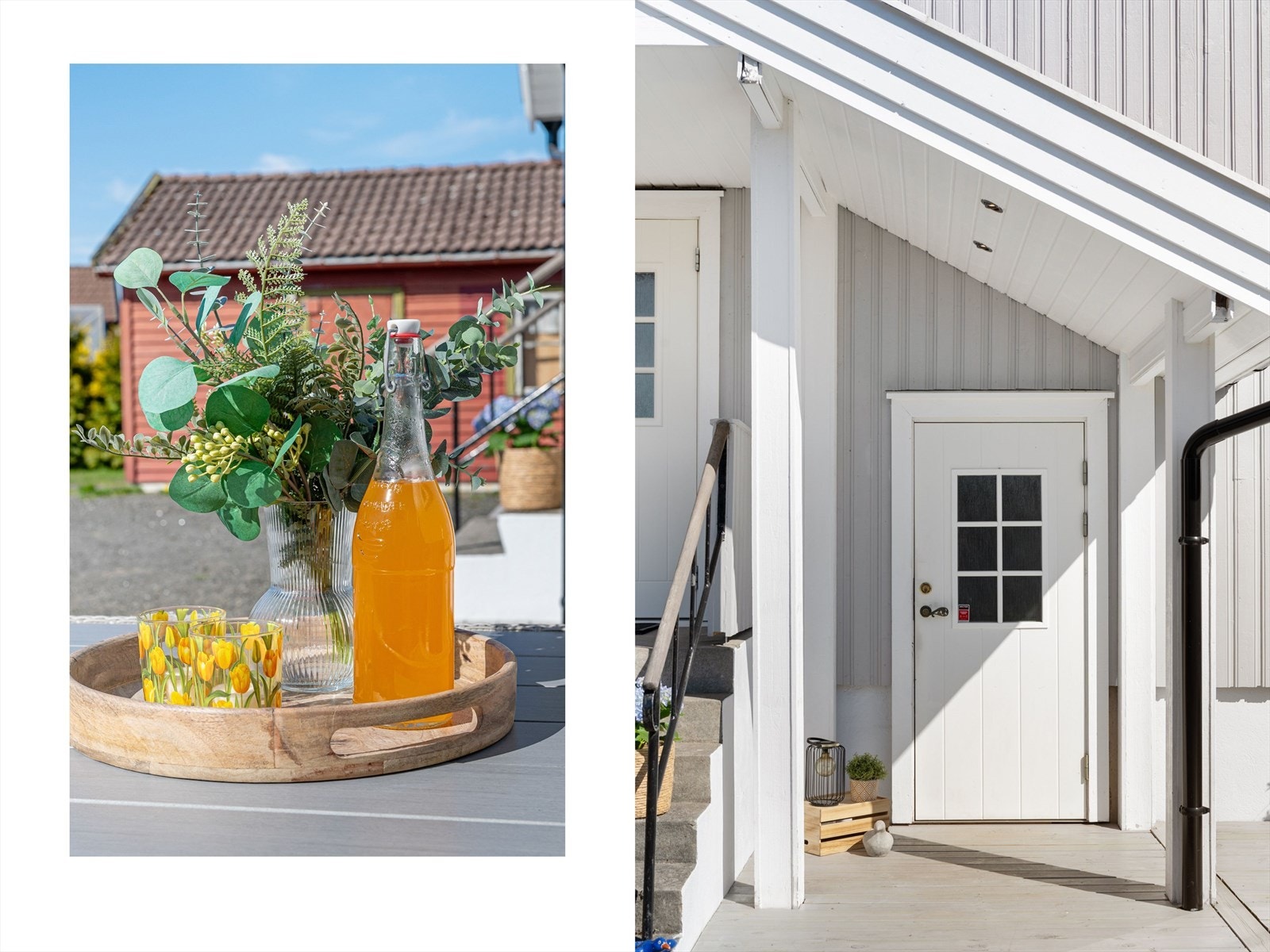 Detaljer fra inngangspartiet og en av uteplassene. Galleribilde