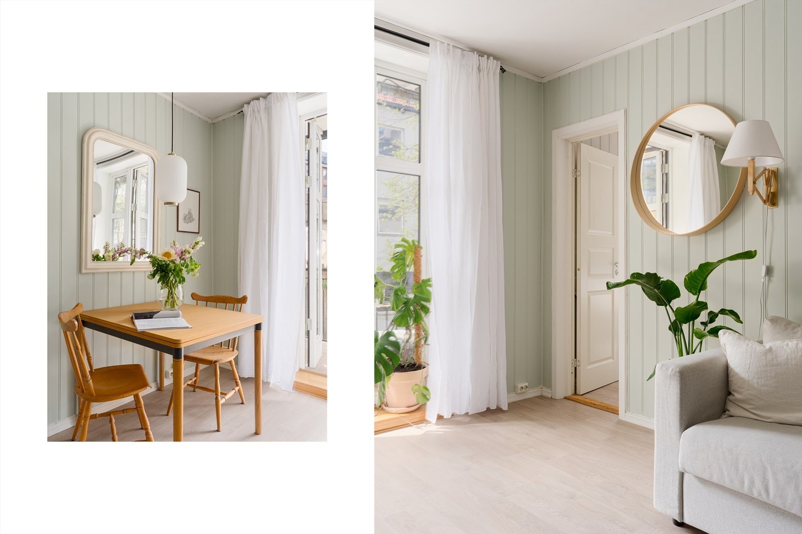 I stuen er det plass til et spisebord, hvor middagen kan nytes mens lyset flommer inn. Veggene er holdt i duse, harmoniske farger som gir rommet et behagelig preg. Galleribilde