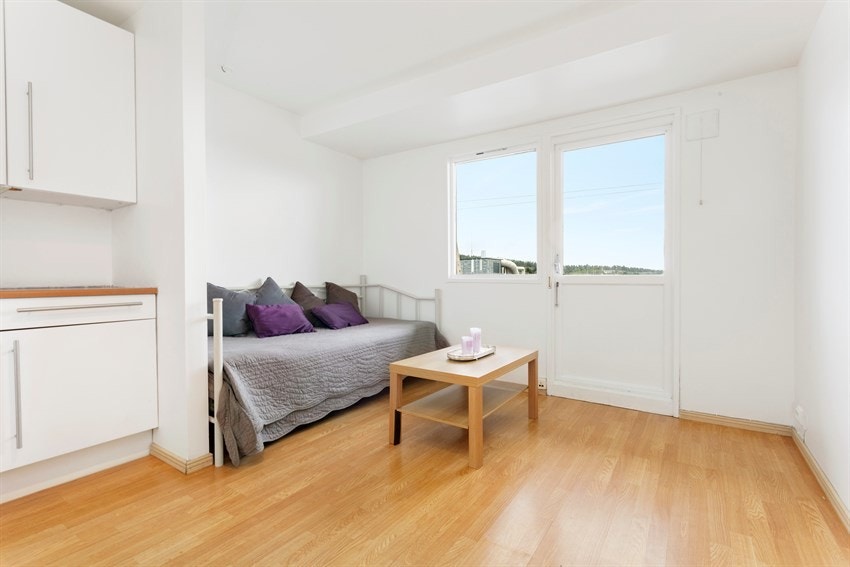 Stuen har plass til både spisebord og seng/sovesofa. Galleribilde