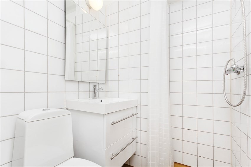 Toalett, servant med underskap og dusjhjørne. Galleribilde