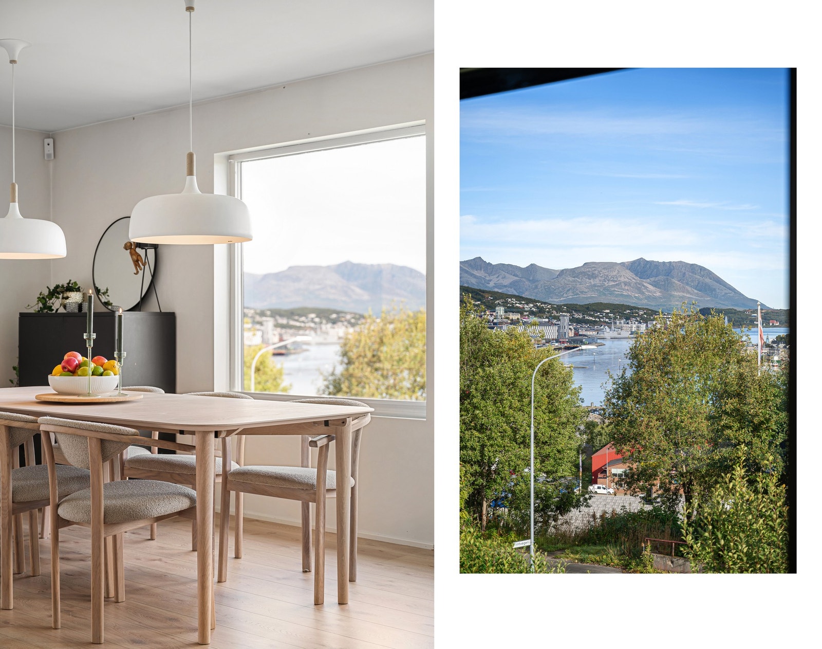 Fra spisestua har du utsikt innover mot byen og helt til Trondenes kirke, med de vakre Grytøyfjellene i bakgrunnen Galleribilde