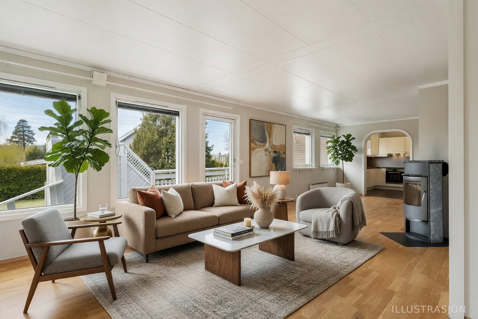 Stuen er et lyst og romslig samlingspunkt, utstyrt med peisovn for ekstra varme og hygge. *Stuen er digitalt møblert. Galleribilde