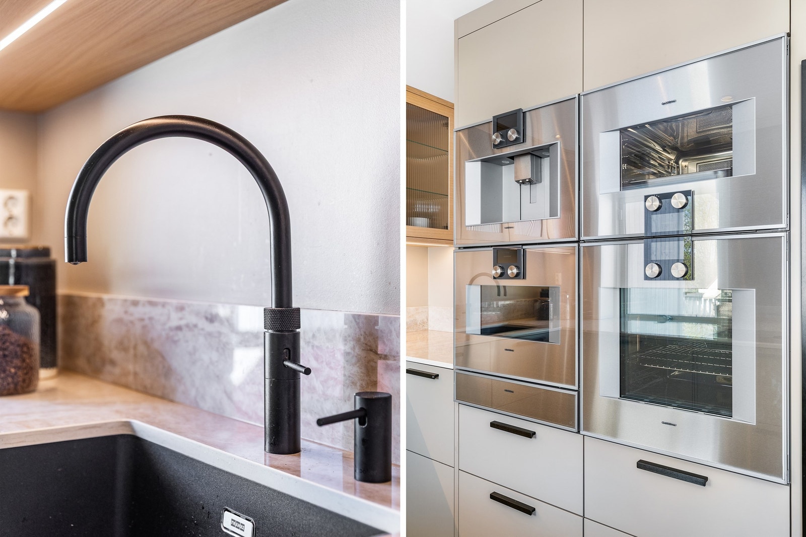 Kjøkkenet har et velassortert utvalg av integrerte hvitevarer, de fleste fra Gaggenau. System for hurtigoppvarming av vann er montert i benkeskap. Galleribilde