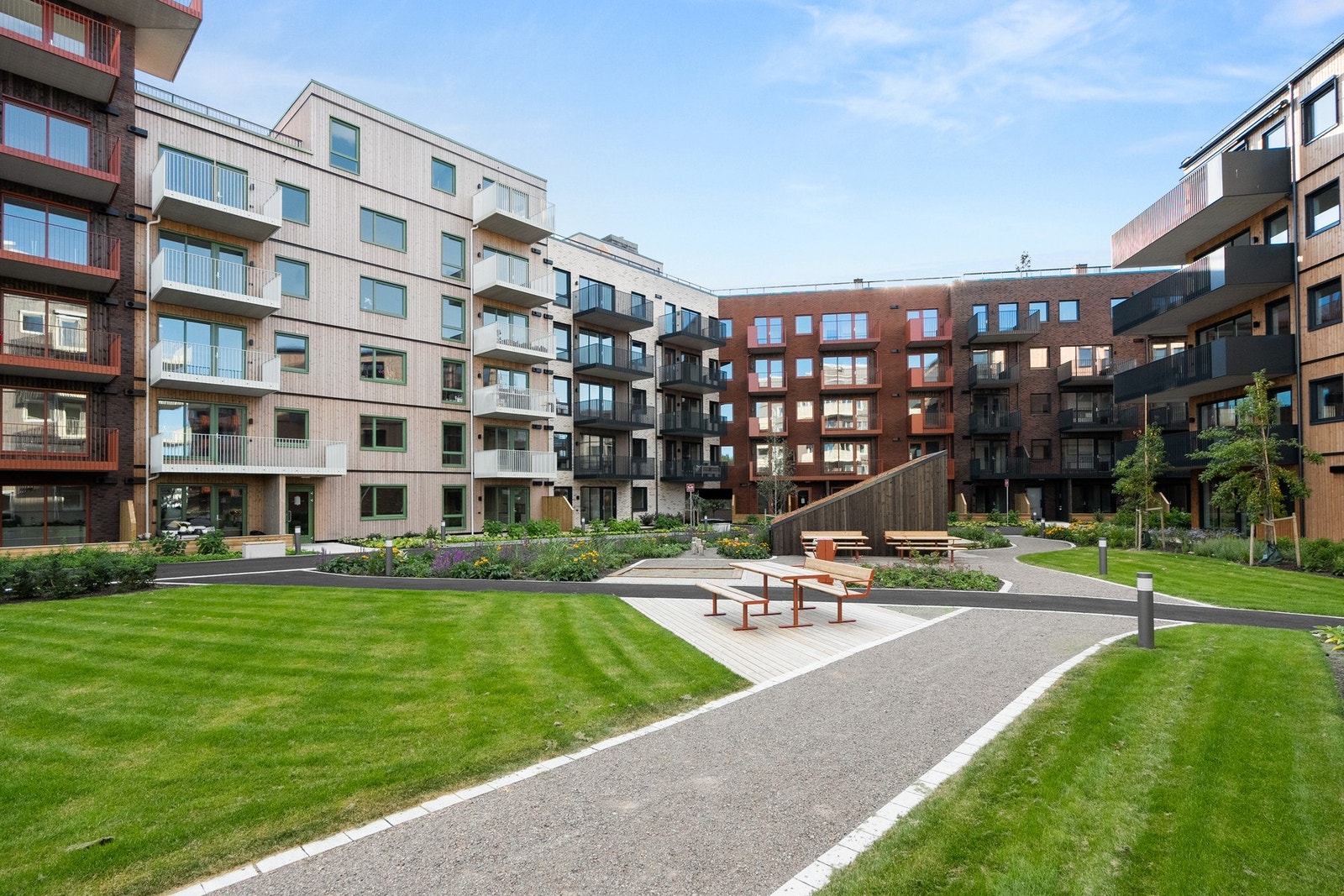 Uteområdet fremstår moderne, ryddig og familievennlig med gode møteplasser og mye grønt. Galleribilde