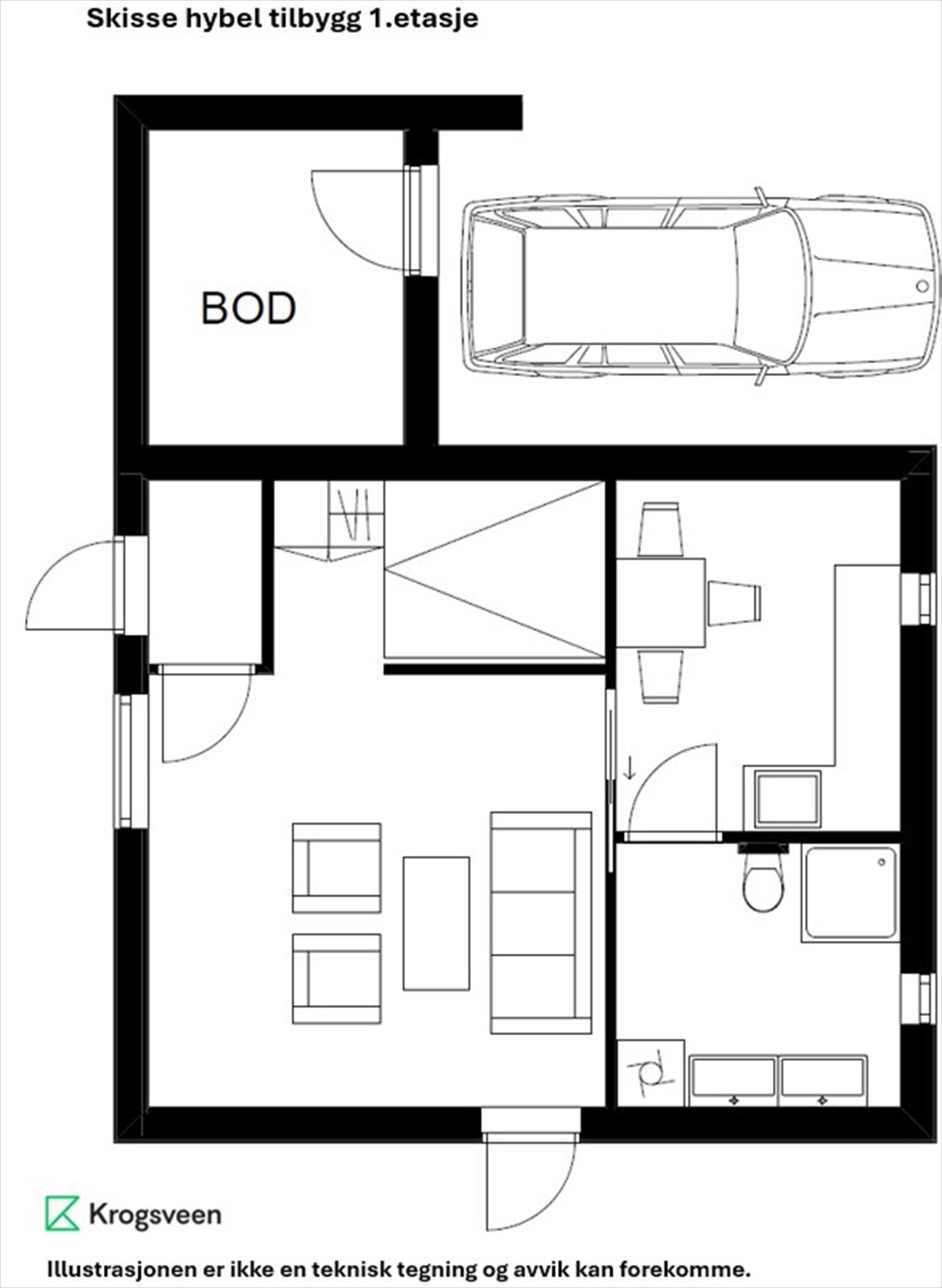 Alternativ planskisse hvor master-suite er endret og tilrettelagt som hybel Galleribilde