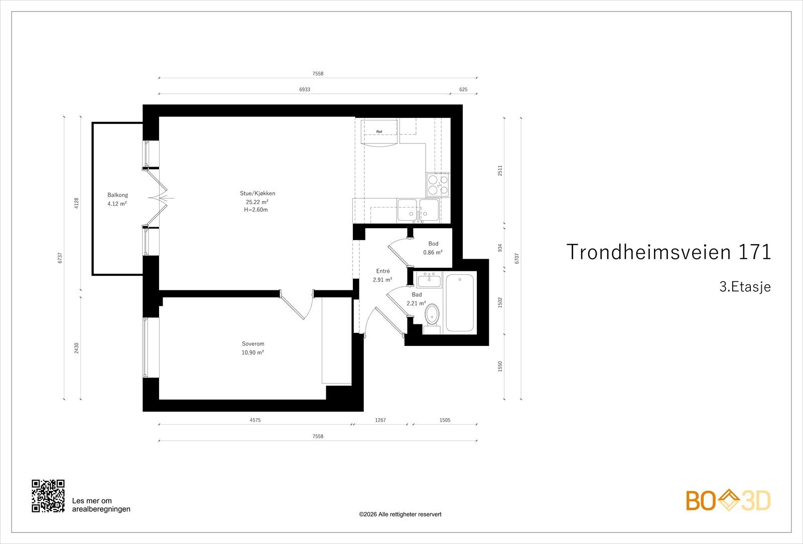 En arealeffektiv planløsning med åpen stue- og kjøkkenløsning, separat soverom og en praktisk innvendig bod. Galleribilde