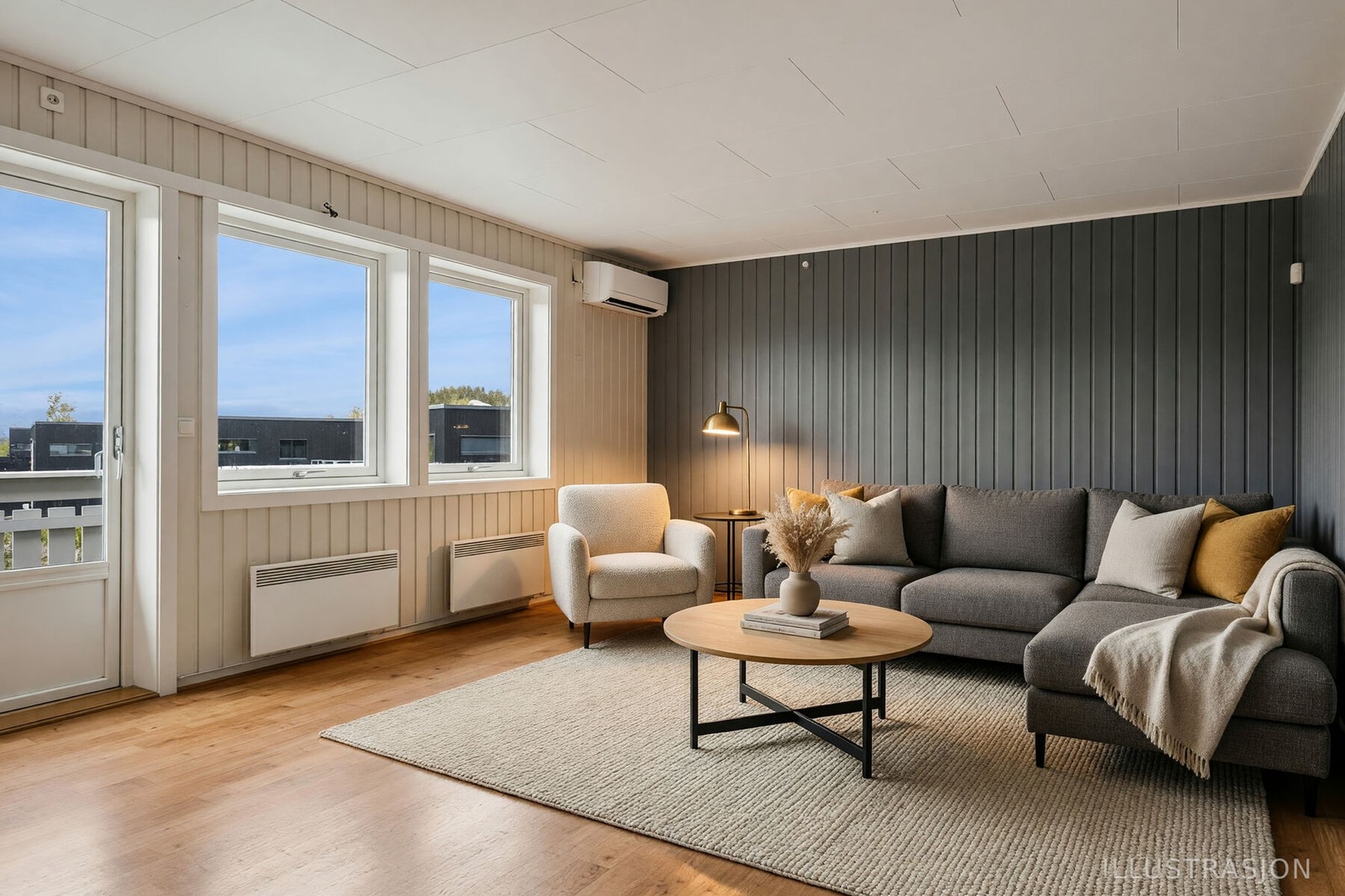Stue med utgang til vestvendt balkong med gode solforhold. Det er montert luft til luft varmepumpe i stua. (Møbler er KI-generert.) Galleribilde
