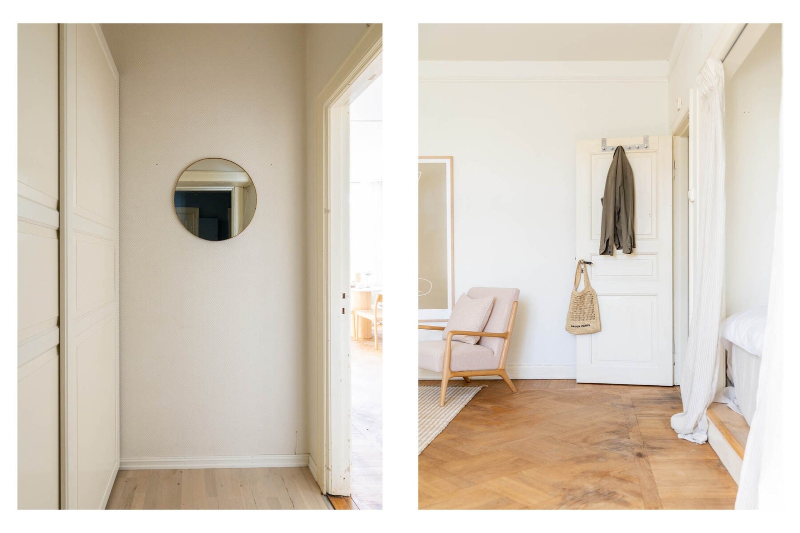 Det er stor skyvedørgarderobe i gang til oppbevaring av klær, samt er det muligheter til å henge fra seg yttertøy på vegg Galleribilde