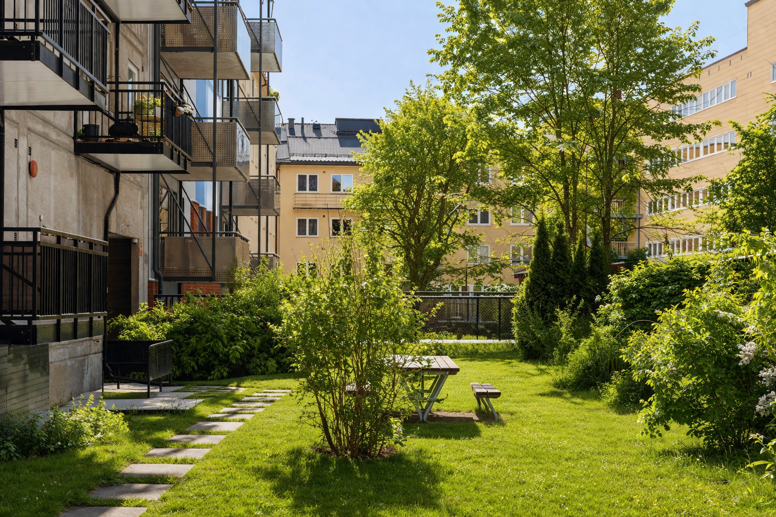 Hyggelig lukket bakgård med flere sittegrupper, plen, busker og beplantning. (Bildet er AI redigert til sommerstid så avvik kan forekomme). Foto: Joakim Karlsen Galleribilde