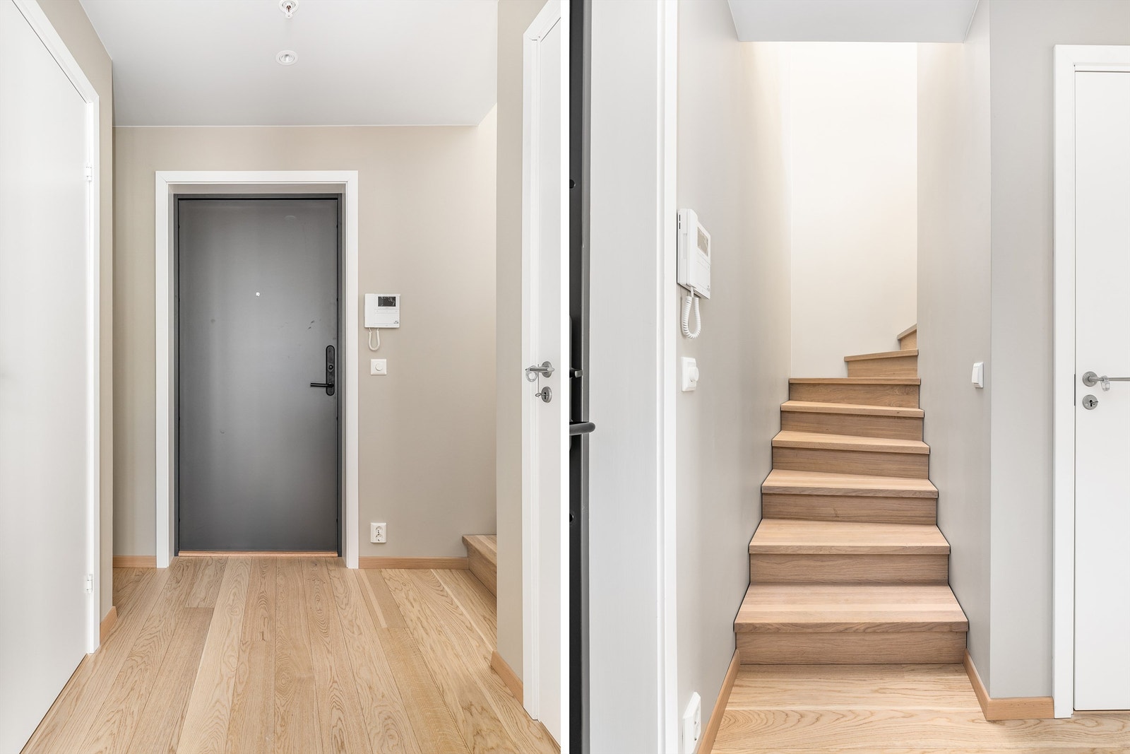 Den lekre interntrappen med trinn av heltre leder mellom entreen og øverste etasje. Under trappen finnes bod med tekniske installasjoner. Galleribilde