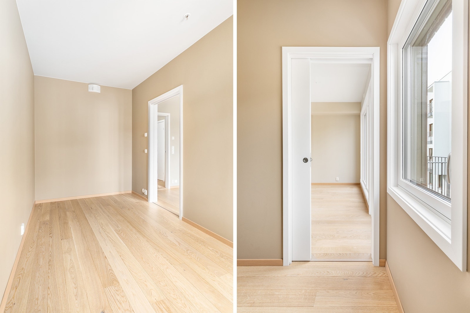 Plassbesparende skyvedører gir tilgang til hver sin side av en eventuell dobbeltseng. Innerst i soverommet er det plass til skap eller skyvedørsgarderobe. Galleribilde