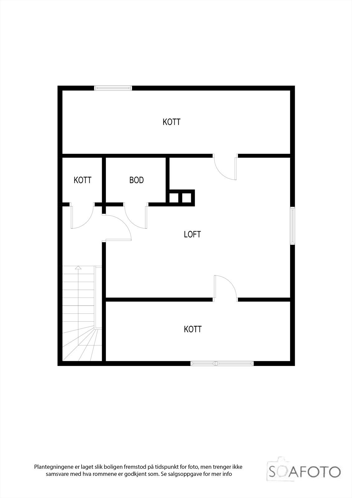 Loftsetasjen er innredet med flere disponible rom og kott for lagring. Galleribilde
