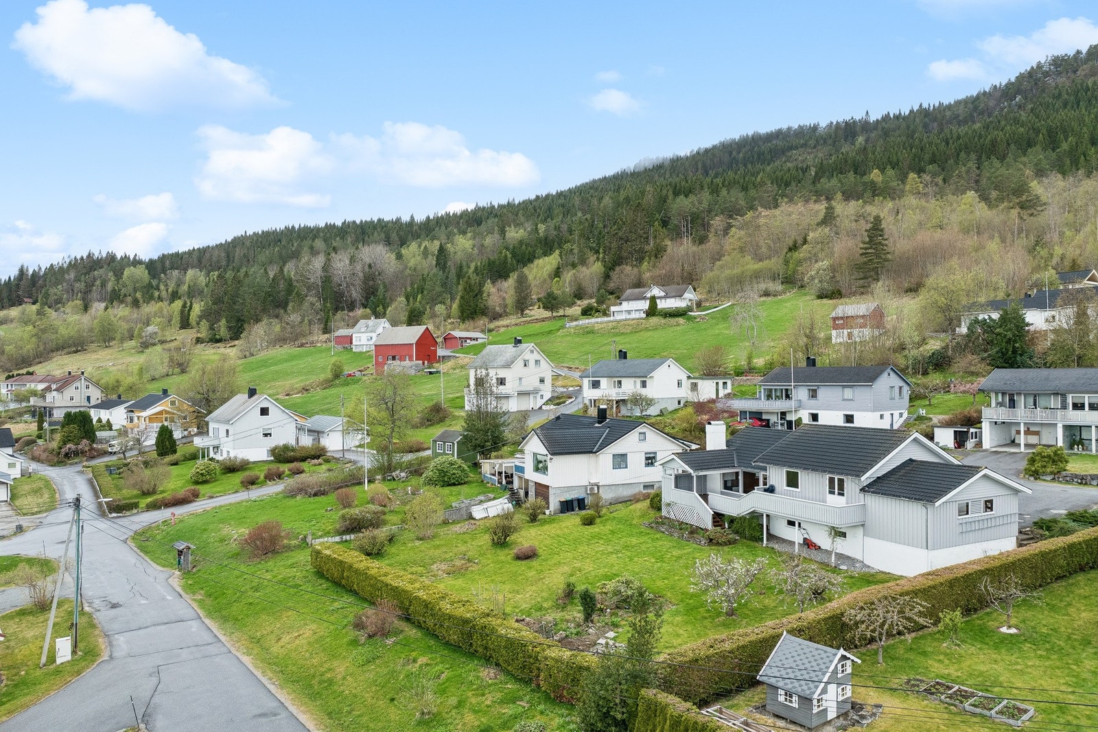 Eiendommen er pent opparbeidet med beplantning av plen, busker, trær og blomster. Galleribilde