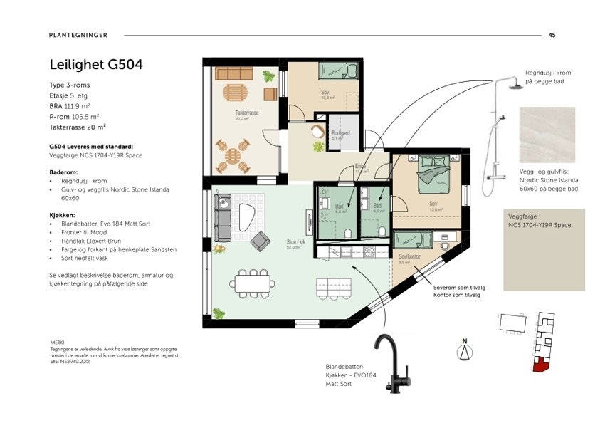 Plantegning for leilighet G504 med oversikt over tilvalg. Galleribilde