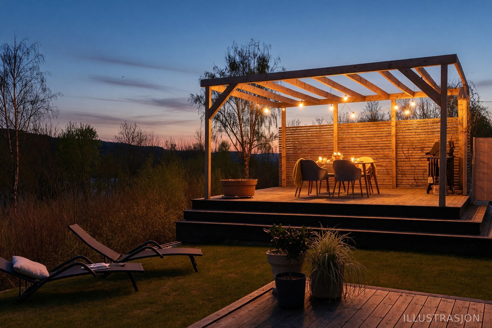 Uteplassen fremstår detaljrik og innbydende - perfekt for lange sommerkvelder. Galleribilde