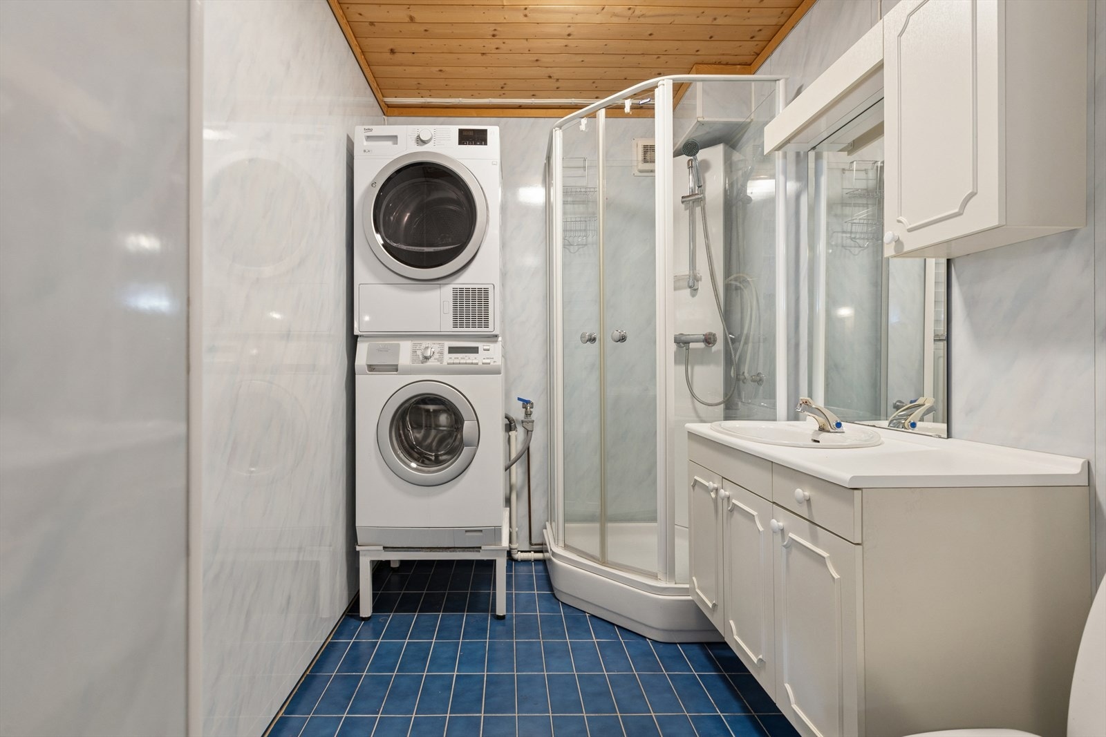 Bad- og vaskerom i kjeller med dusjkabinett, toalett og opplegg for vaskemaskin. Galleribilde