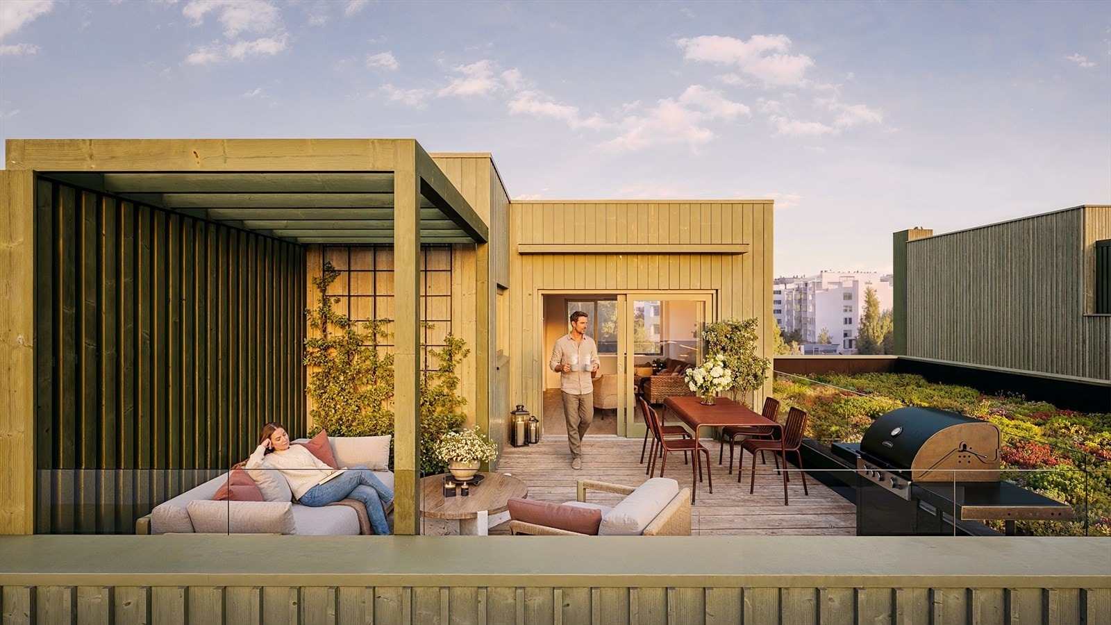 Boligen får en flott vestvendt takterrasse (er illustrert fra tilsvarende bolig i A-rekken) Galleribilde