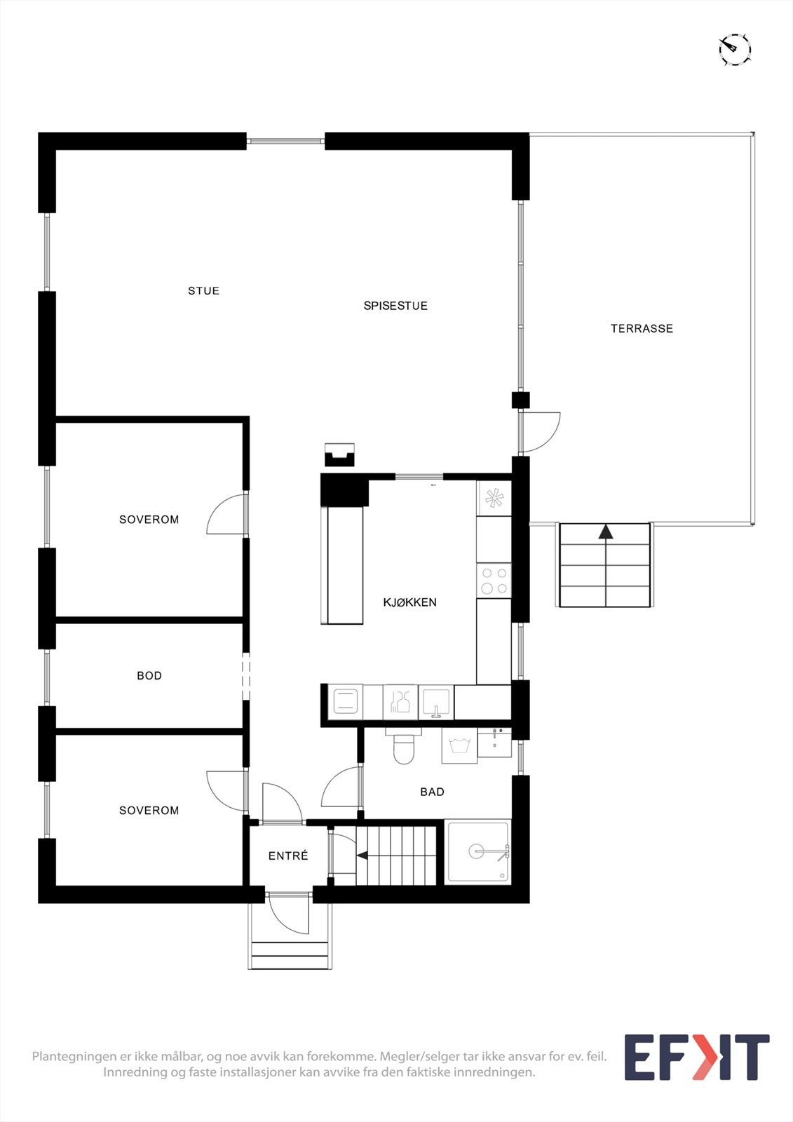 Hovedetasjen samler alle primærfunksjoner på ett plan, med to soverom, bad, kjøkken og en romslig stue. Galleribilde