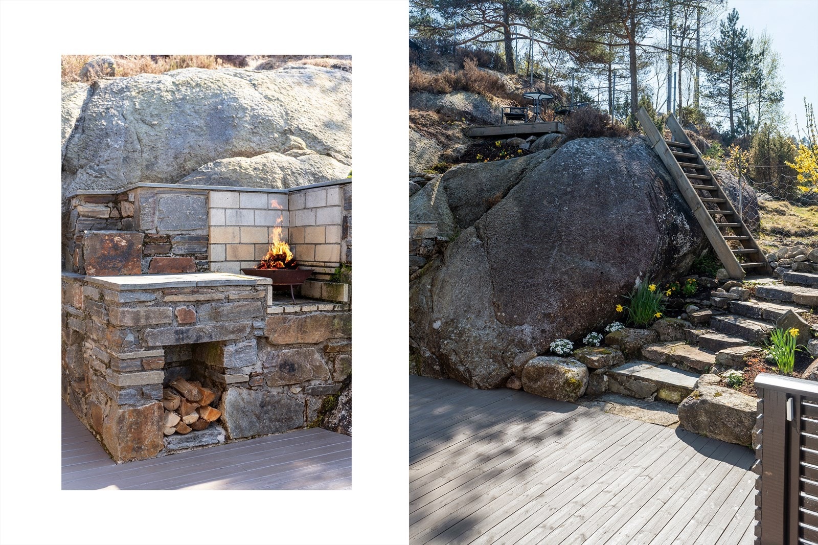 Konstruksjon med arbeidsbenk og plass til bålpanne og ved, for hygge og varme på lange sommerkvelder. Galleribilde