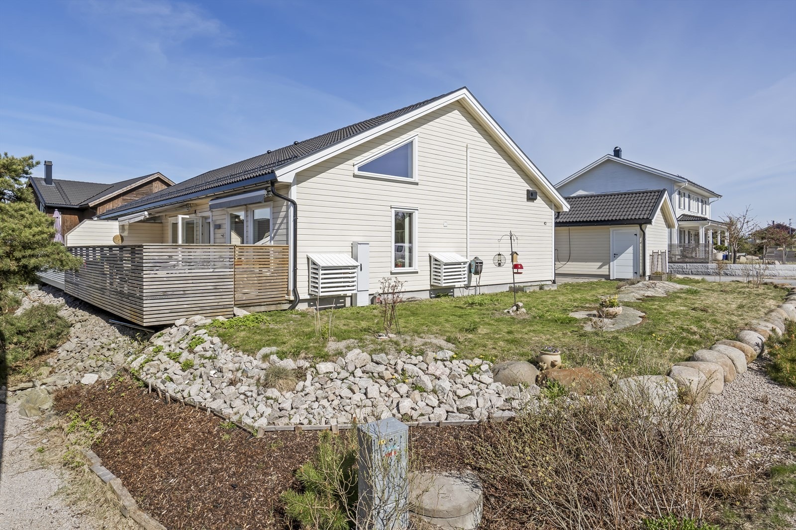 Tomten er i utgangspunktet fellesareal, hvor hver enhet disponerer arealet som faller naturlig ut fra hver seksjon. Galleribilde