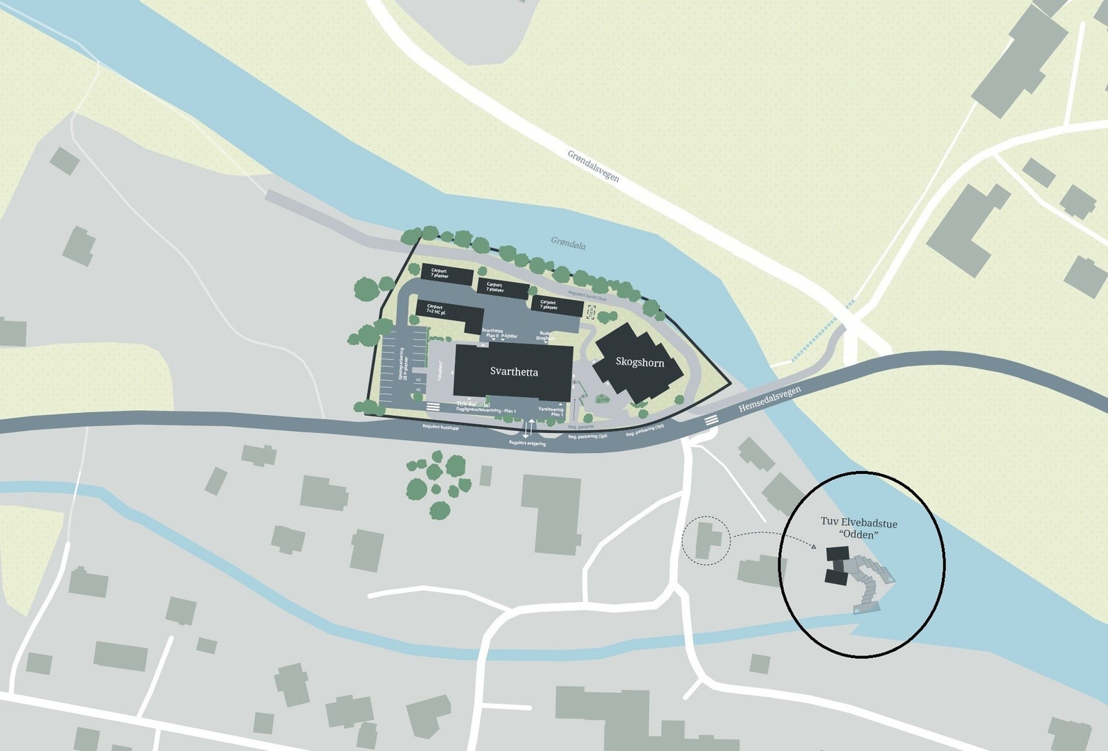 Situasjonsplan viser byggene Svarthetta og Skogshorn, samt planlagt elvebadstue på odden. Galleribilde