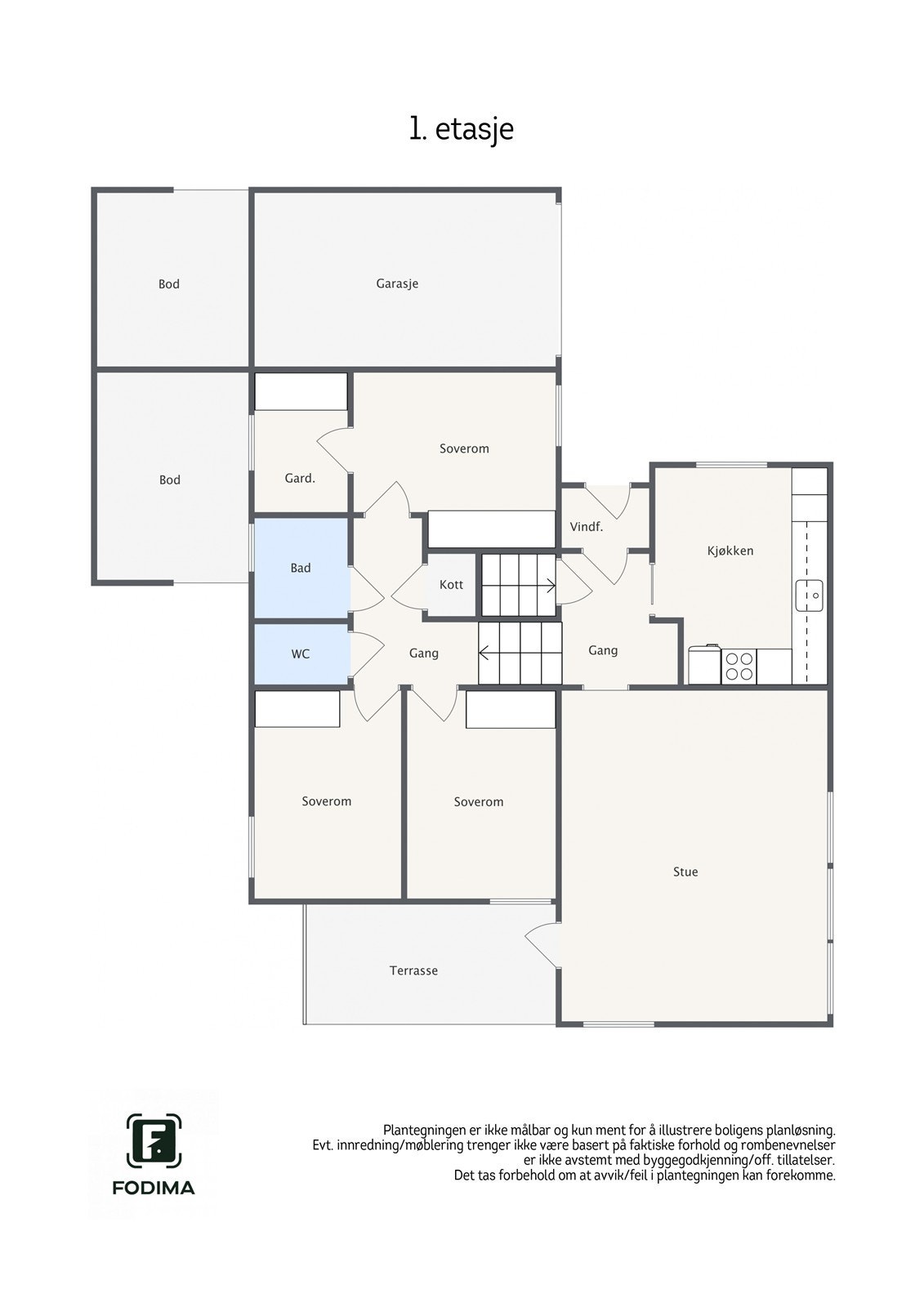 Plantegning 1. og 2. etasje (soverom, bad, WC og garderobe er et halvt nivå/etasje opp fra stue, kjøkken, gang og vindfang) Galleribilde