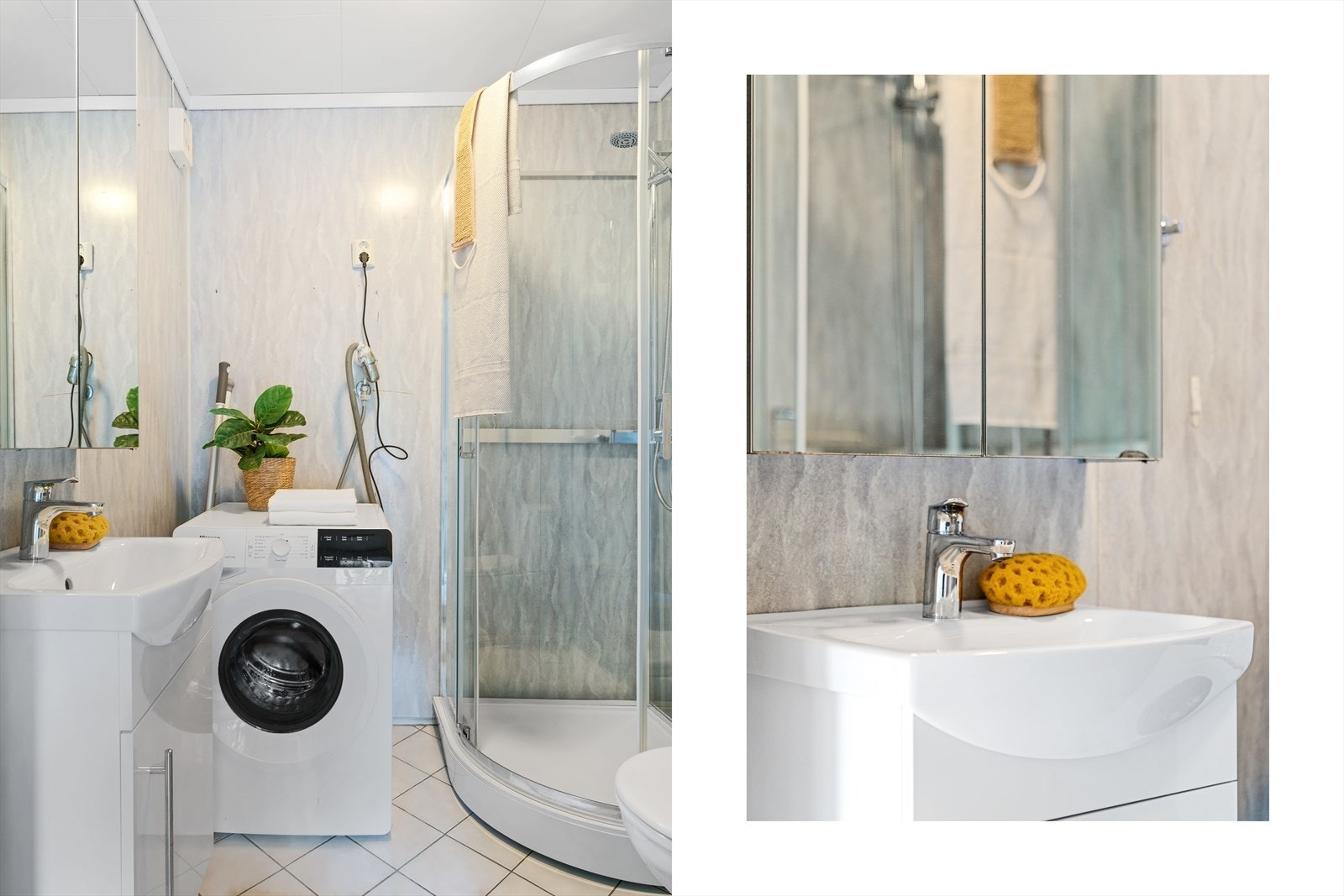 - Her kommer du også til badet i hovedetasjen, helfliset med gulvvarme og har opplegg for vaskemaskin, toalett, vask og dusjkabinett - Galleribilde