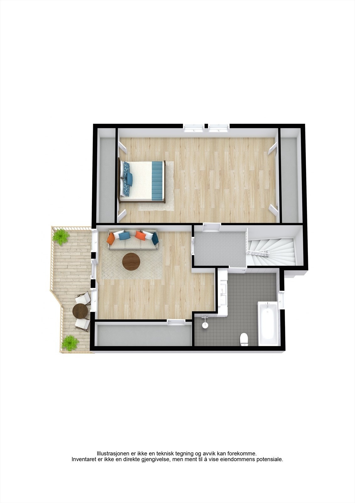 Loftsetasjen inneholder en romslig loftstue, et stort soverom og et moderne bad. Galleribilde