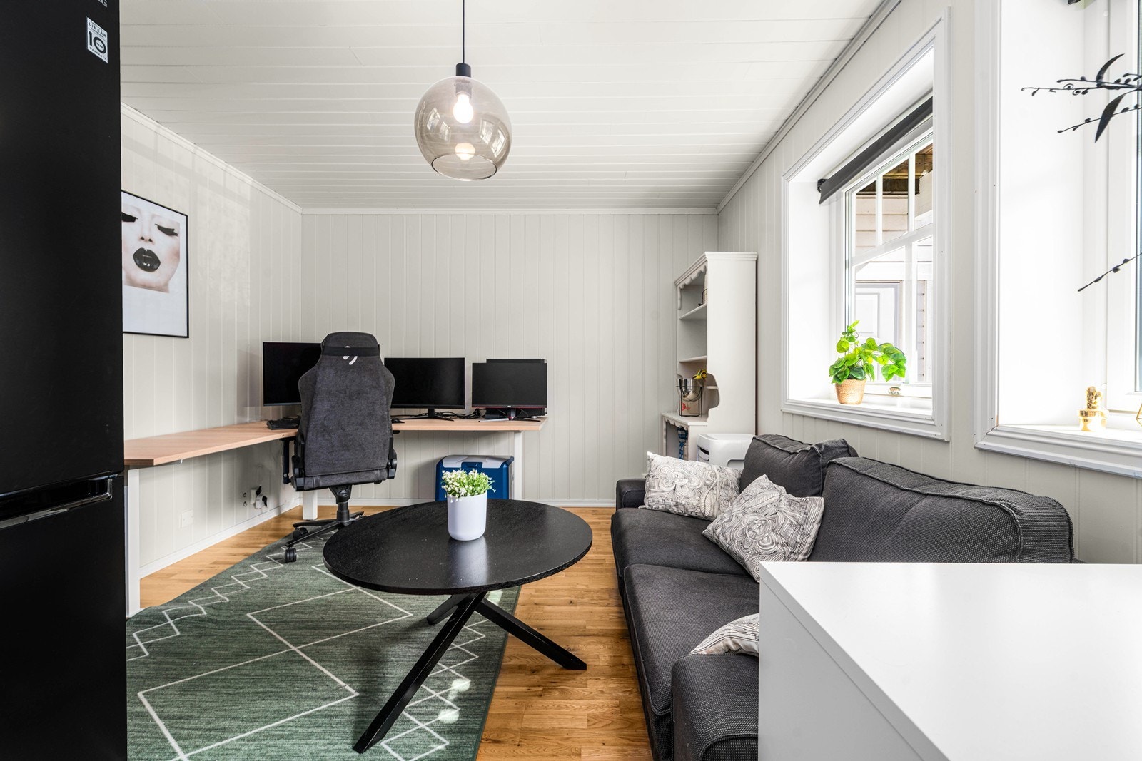 Den ene enheten er en hybel med stue og kjøkken i åpen løsning, samt en egen sovealkove. Galleribilde