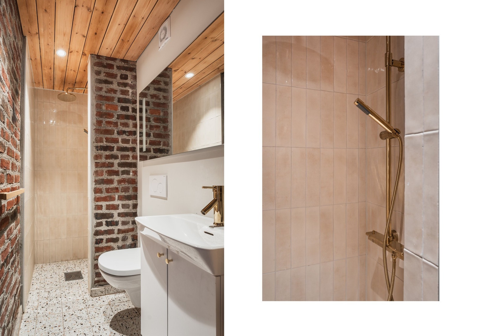 Badet i hybelen er utført med terrazzo på gulv, flislagt dusjsone og detaljer i teglstein. Galleribilde