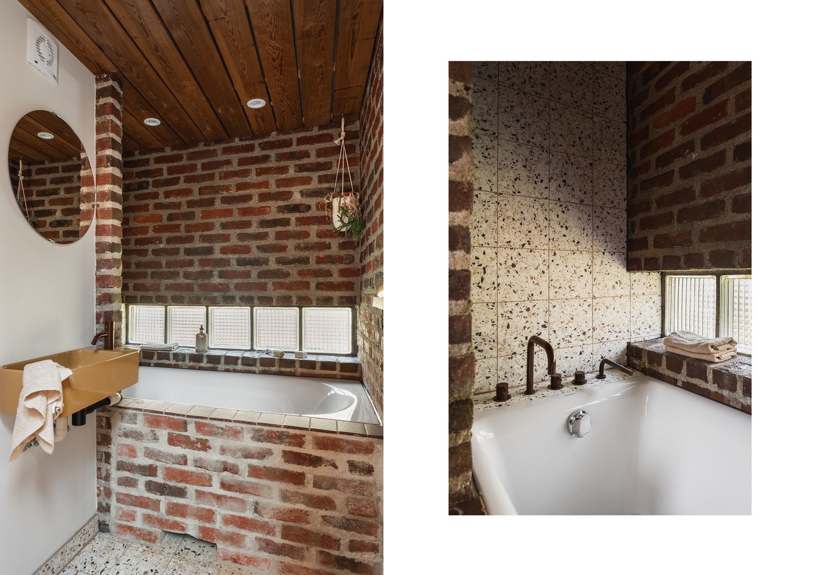 Baderom med en robust materialbruk, der teglstein og terrazzo kombineres med et innbygget badekar. Galleribilde