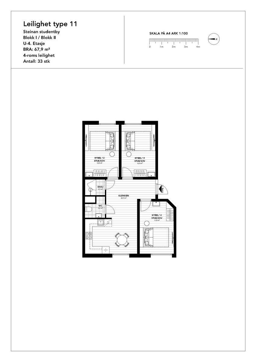 Plantegning, noen leiligheter har kun en før inn til felles toalett/bad Galleribilde
