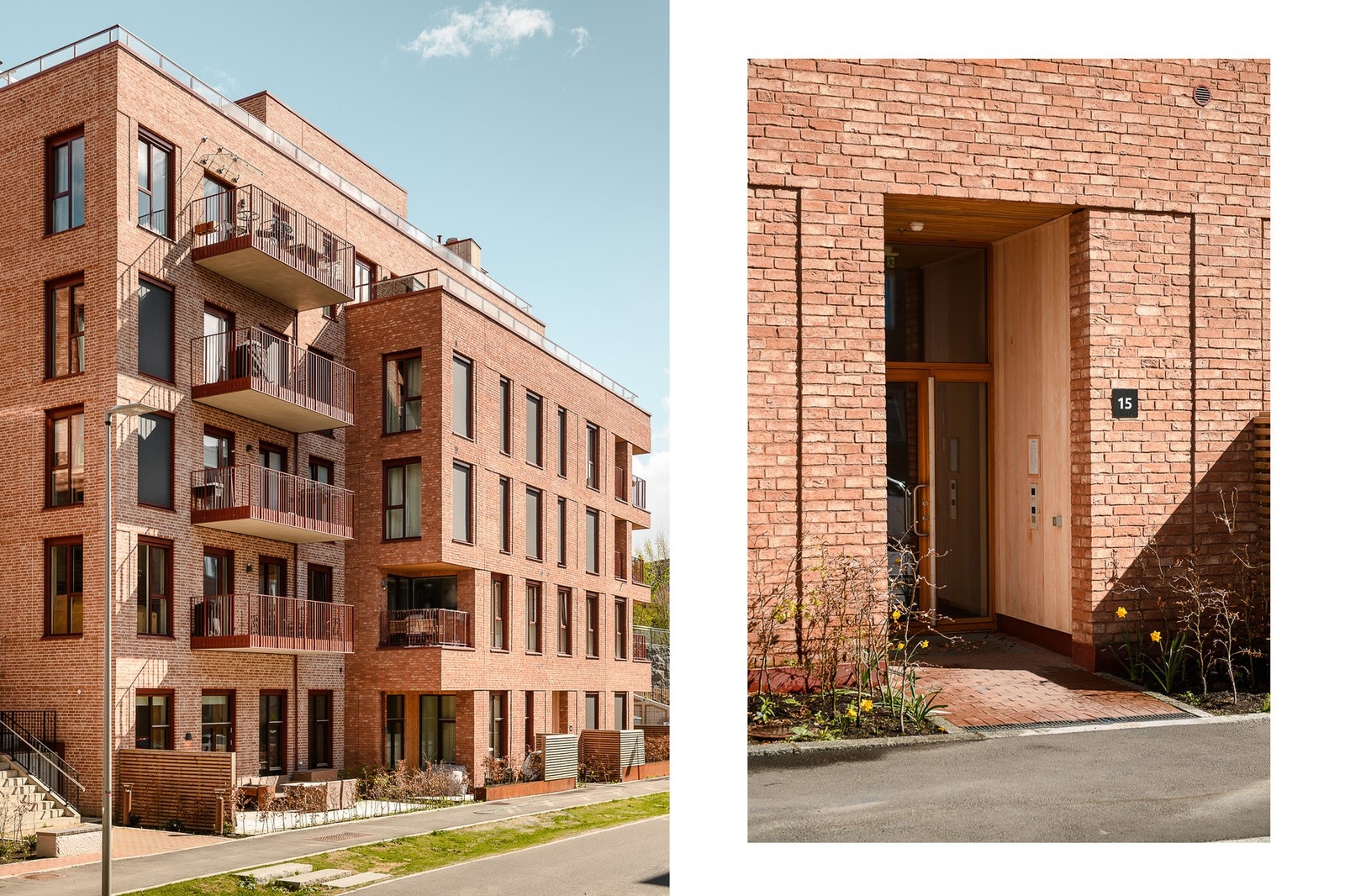 Bygget i Malerhaugveien 15 har en moderne arkitektur som faller naturlig inn i det grønne nabolaget. Galleribilde