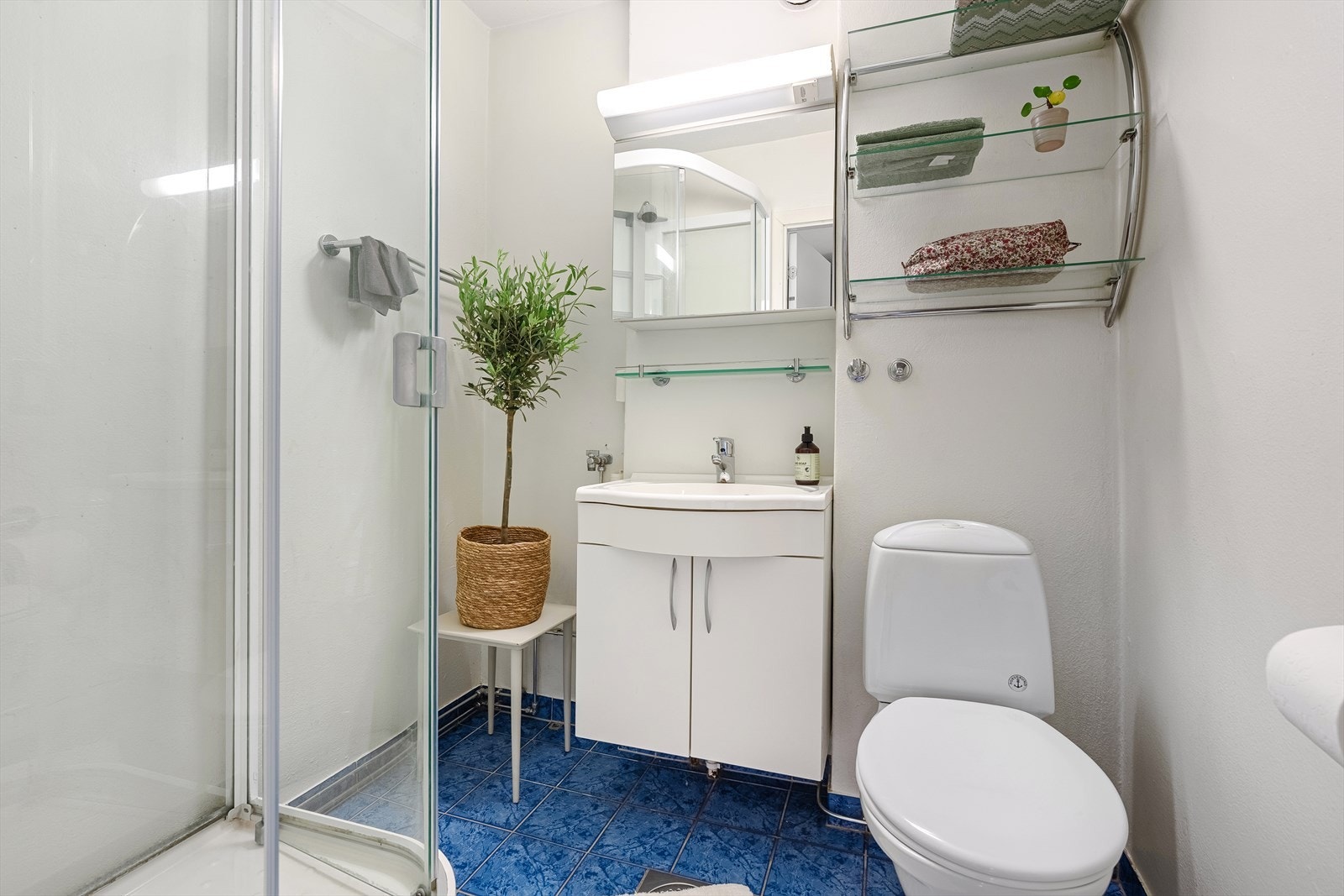 Badet har fliser på gulv med varmekabler. Det er ellers plass til et praktisk dusjkabinett, baderomsinnredning med speilskap over, samt toalett. Det er forøvrig opplegg for vaskemaskin (smal modell). Galleribilde