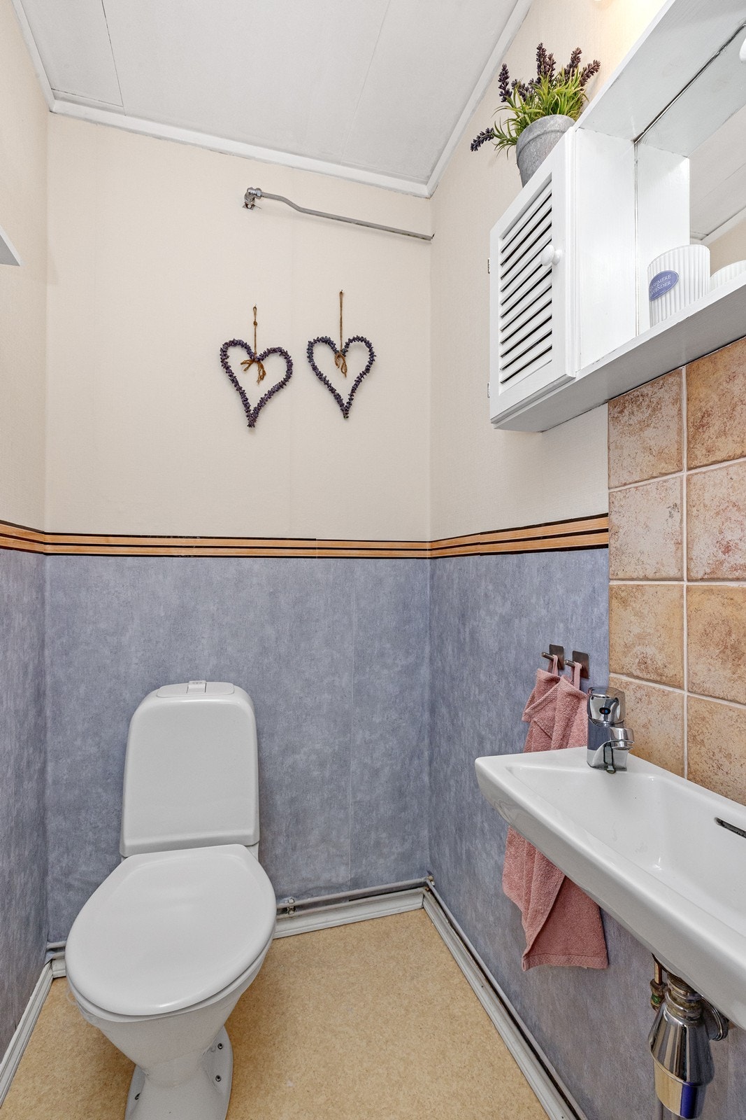 Toalettrommet har vinylbelegg på gulvet og vegger kledd med tapet. Ventilasjon skjer via naturlig avtrekk gjennom ventil i himlingen. Galleribilde
