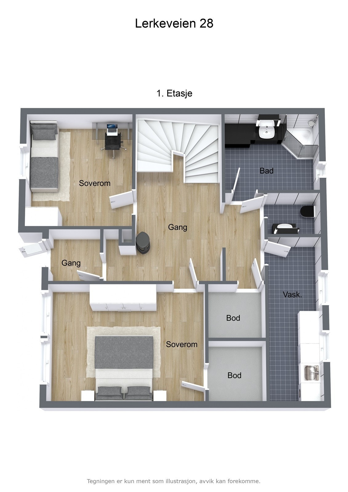 Boligens første etasje inneholder to soverom, et bad med oppgradert vinylbelegg fra 2010, samt et separat vaskerom med naturlig ventilasjon og opplegg for vaskemaskin. Galleribilde