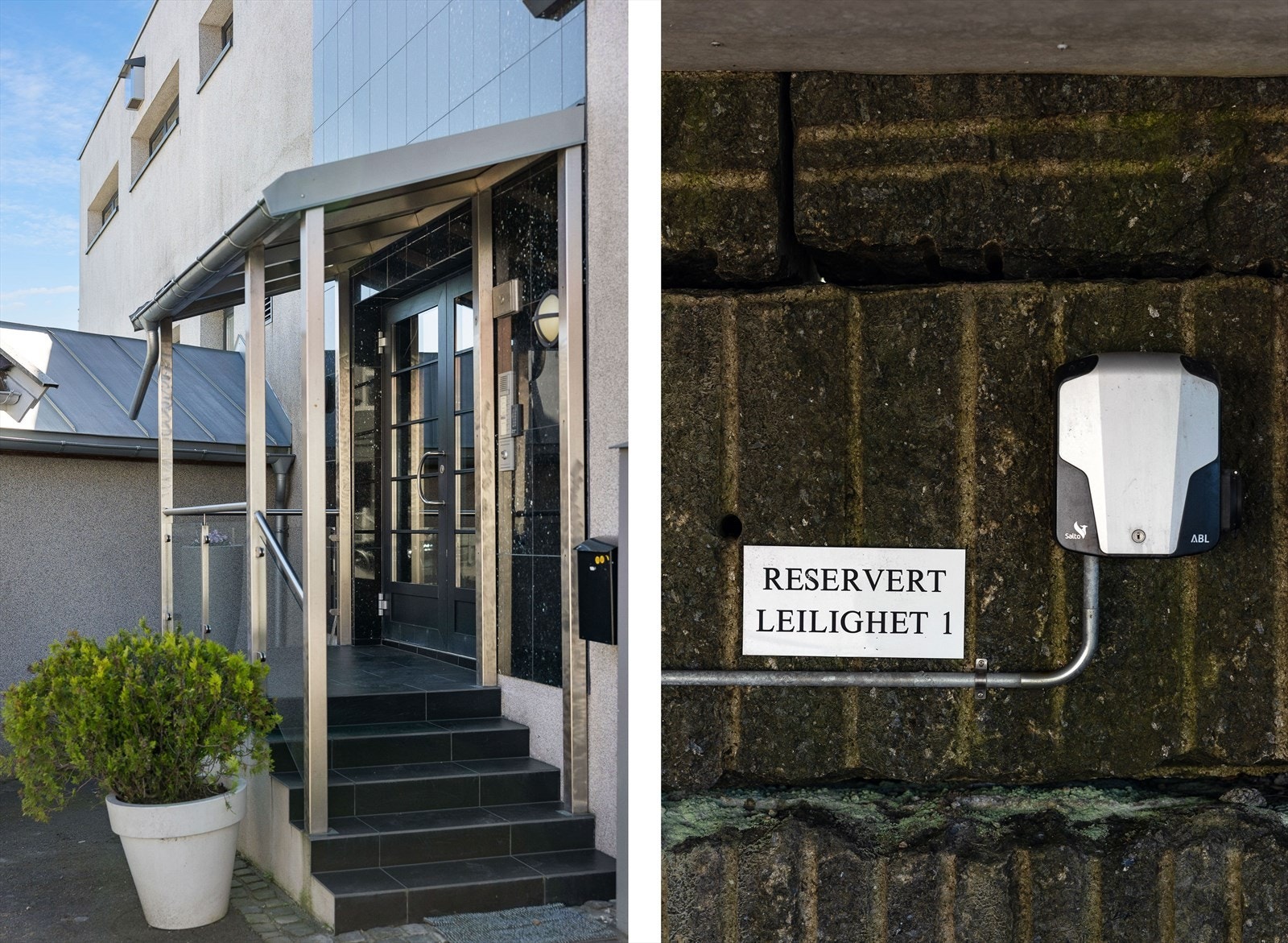 Hovedinngangsparti, eller så kan en gå inn egen inngang fra garasjeanlegg å unngå trapper Galleribilde