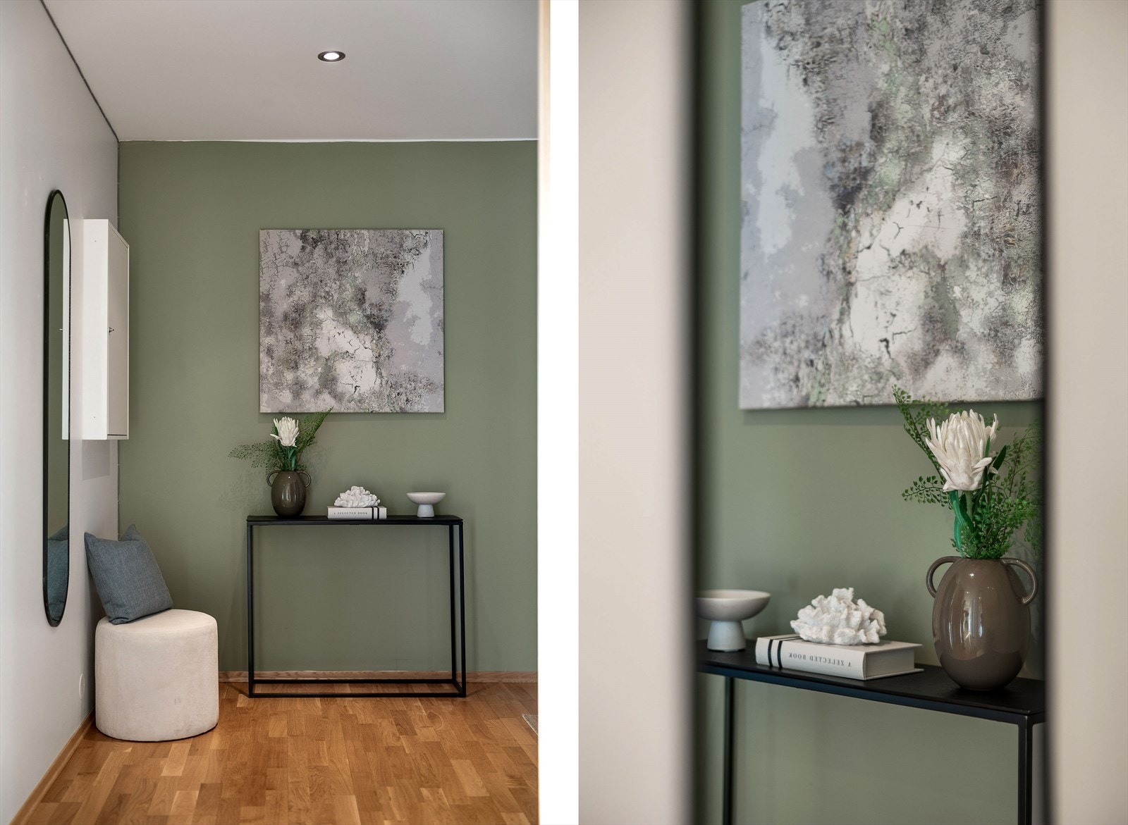 Leiligheten har parkett på gulvflater med vannbåren varme, og fliser på baderom med varmekabler. Galleribilde