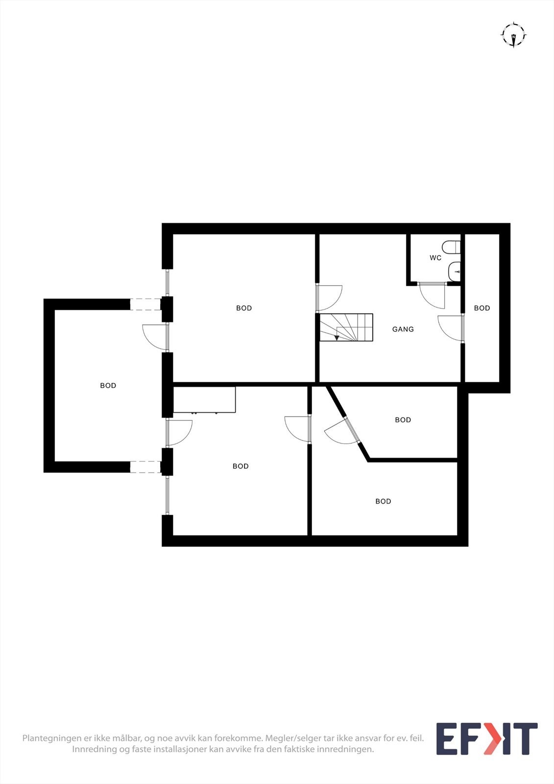 Kjelleren inneholder boder, samt et separat toalettrom. Halvparten av kjelleren ble utgravd før 2013 og halvparten i 2017. Kjelleren er ikke vist på de byggemeldte tegningene, og det foreligger ikke dokumentasjon på at utgraving og innredning er omsøkt Galleribilde